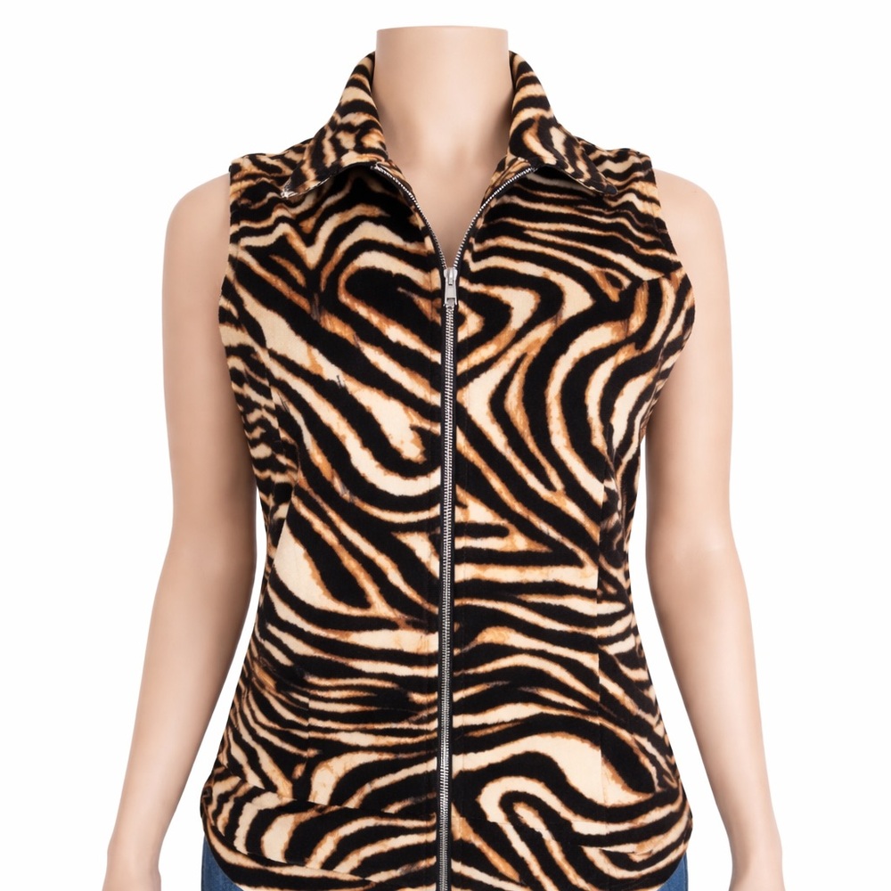 Mirror Image Zebra Print Sleeveless Zip Vest Beige Black Small Velour - Picture 5 of 11